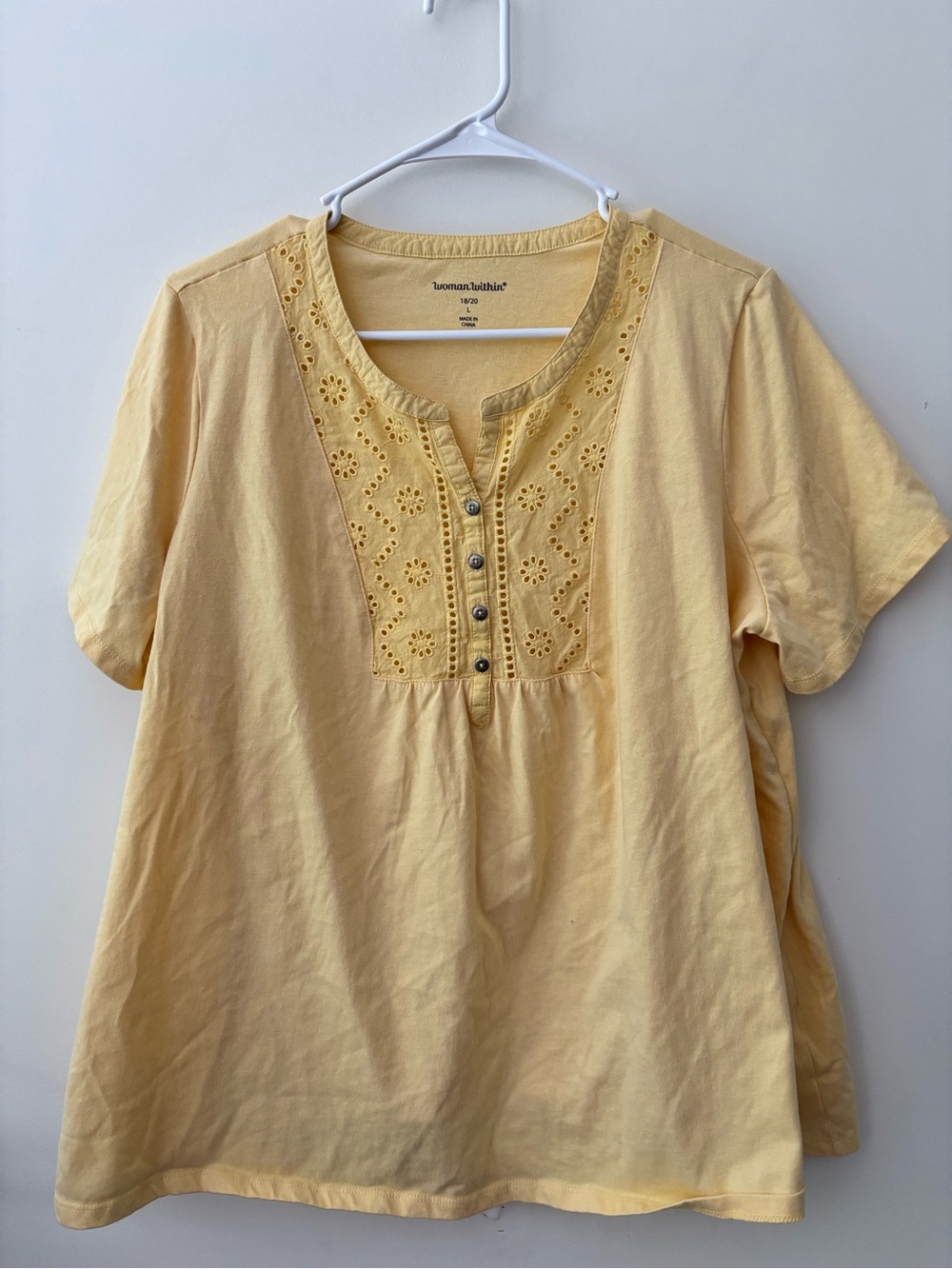 Woman Within Lemon Yellow Eyelet Henley Short-Sleeve Top